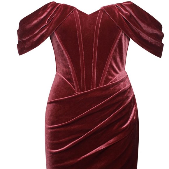 Velvet Off The Shoulder Corset Dress - Burgundy - Miss Circle - X-Small - Picture 4 of 5